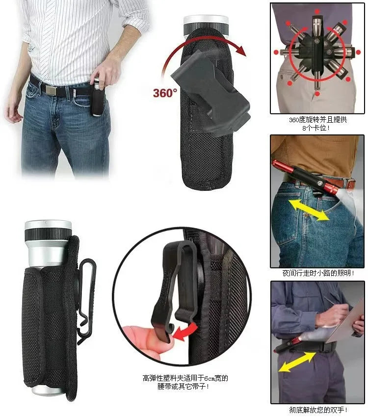 360 Degree Tactical Flashlight Holster Belt Torch Bag Durable Hunting Lighting Accessory Survival Kits Holster Rotary Torch Case