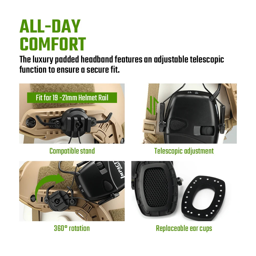 Tactical Helmet Mounted Electronic Earmuff FAST Rail Compatible Sound Amplification Noise Reduction Headset for Shooting Hunting