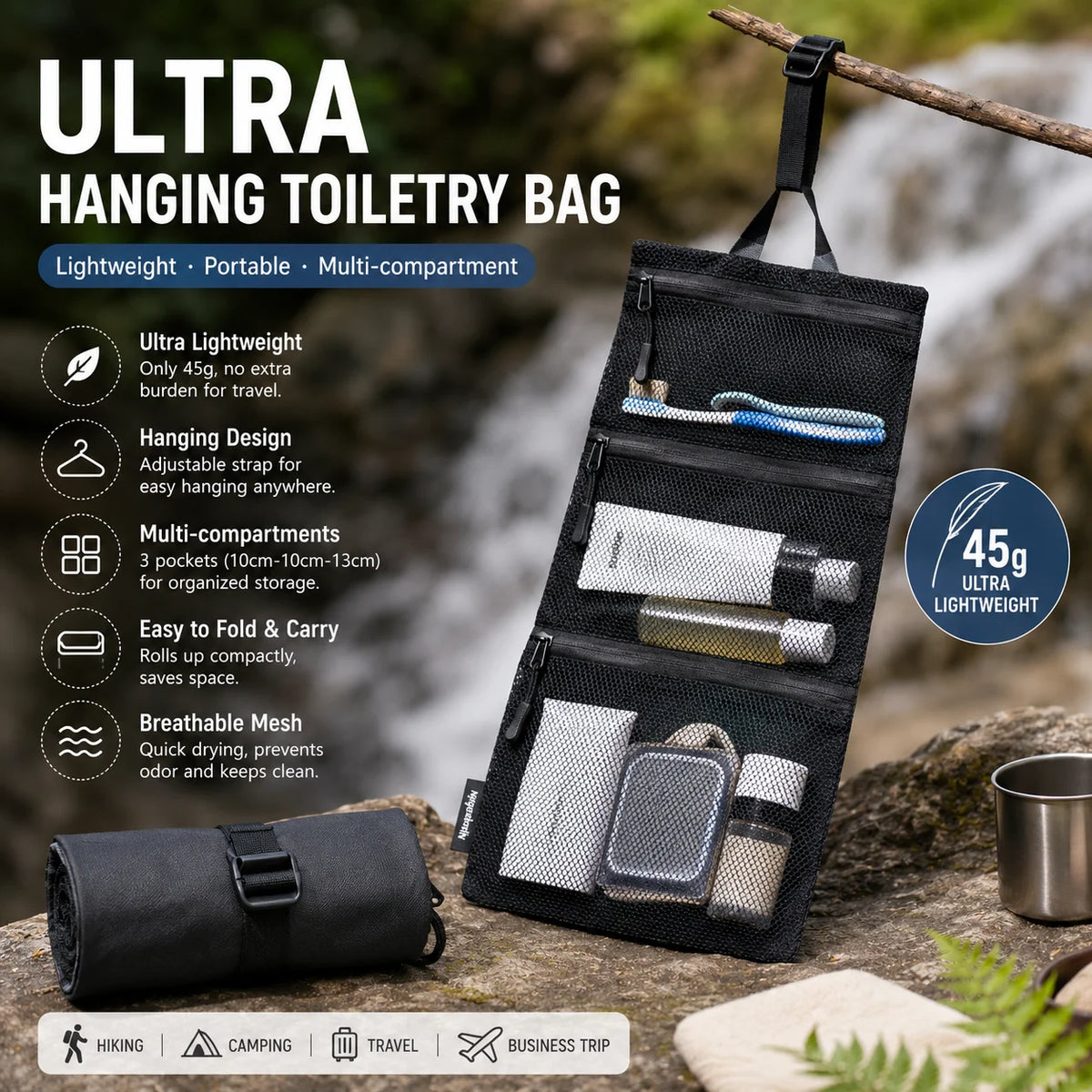Dyneema Ultralight Hanging Toiletry Bag UHMWPE - 45g, 3-Compartment Waterproof Wash Organizer Storage Bag for Travel & Outdoor