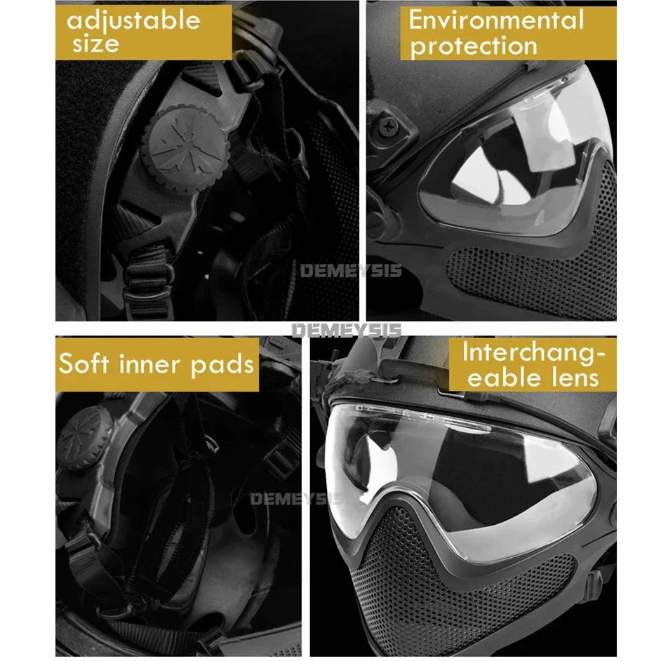 Tactical Helmet + Mask + Goggle Sets Outdoor Airsoft Paintball Helmet with Goggles FAST PJ Helmets CS Game Full Face Cover