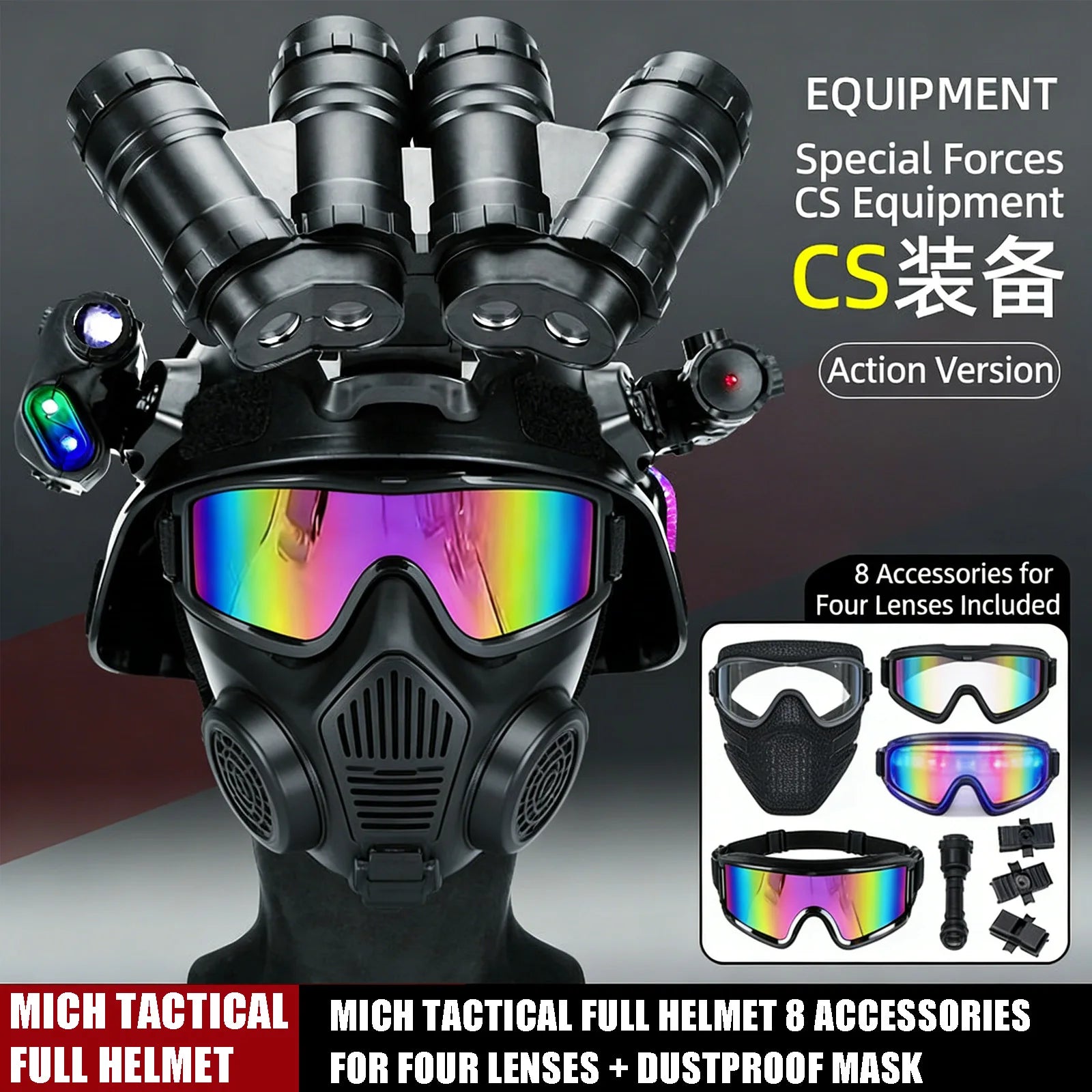 Tactical MICH Children's Helmet Set with Four-Eye Night Vision Goggles Model Strobe Light Infrared Flashlight for Boy Kids Gift