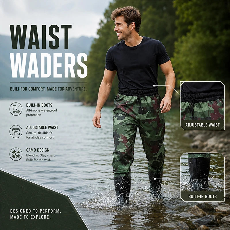 Camo Waist Waders Fishing Pants with PVC Boots, Adjustable Drawstring Wading Trousers, Lightweight Outdoor Hunting Hiking Gear