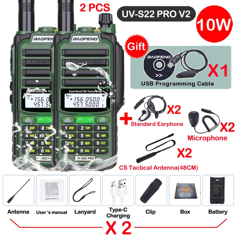 2pcs Baofeng UV-S22 Pro V2 Power Waterproof Hunting Walkie Talkie Type-C Powered UHF VHF Programming Cable Long Range FM Radio