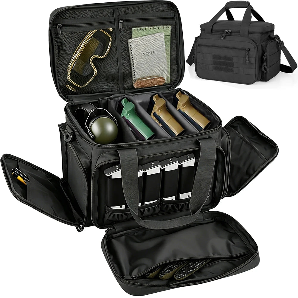 Tactical Gun Range Bag EDC Shoulder Bag Pistol Shooting Range Bag Hunting Carrying Case for 4 Handguns with 6 Magazine Slots