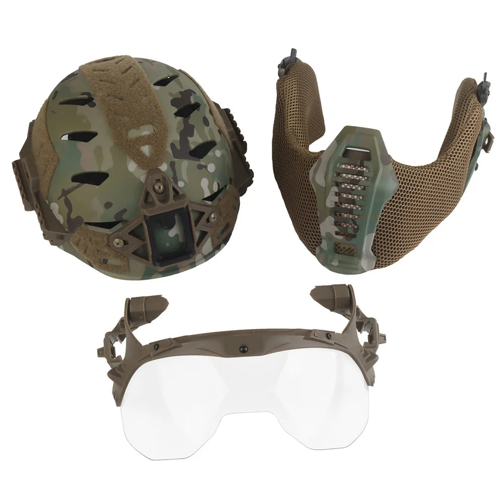 Tactical Full protective helmet with Half Face Mask Mouthguard/Flip Goggles/Ear Cover Hunting Airsoft Paintball 3.0 Wendy Helmet