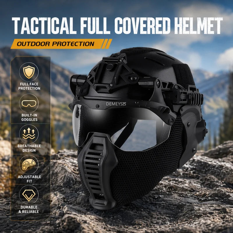 Modular Tactical Full Covered Helmet with Face Mask Mouthguard/Flip Goggles/Ear Cover Hunting Airsoft Paintball 3.0 Wendy Helmet