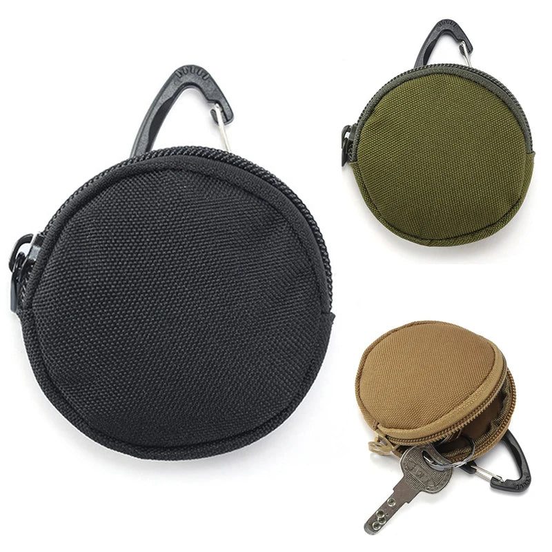 Mini Tactical EDC Coin Purse Round Zipper Key Holder Nylon Storage Pouch with Carabiner Clip for Daily Use Outdoor Accessories