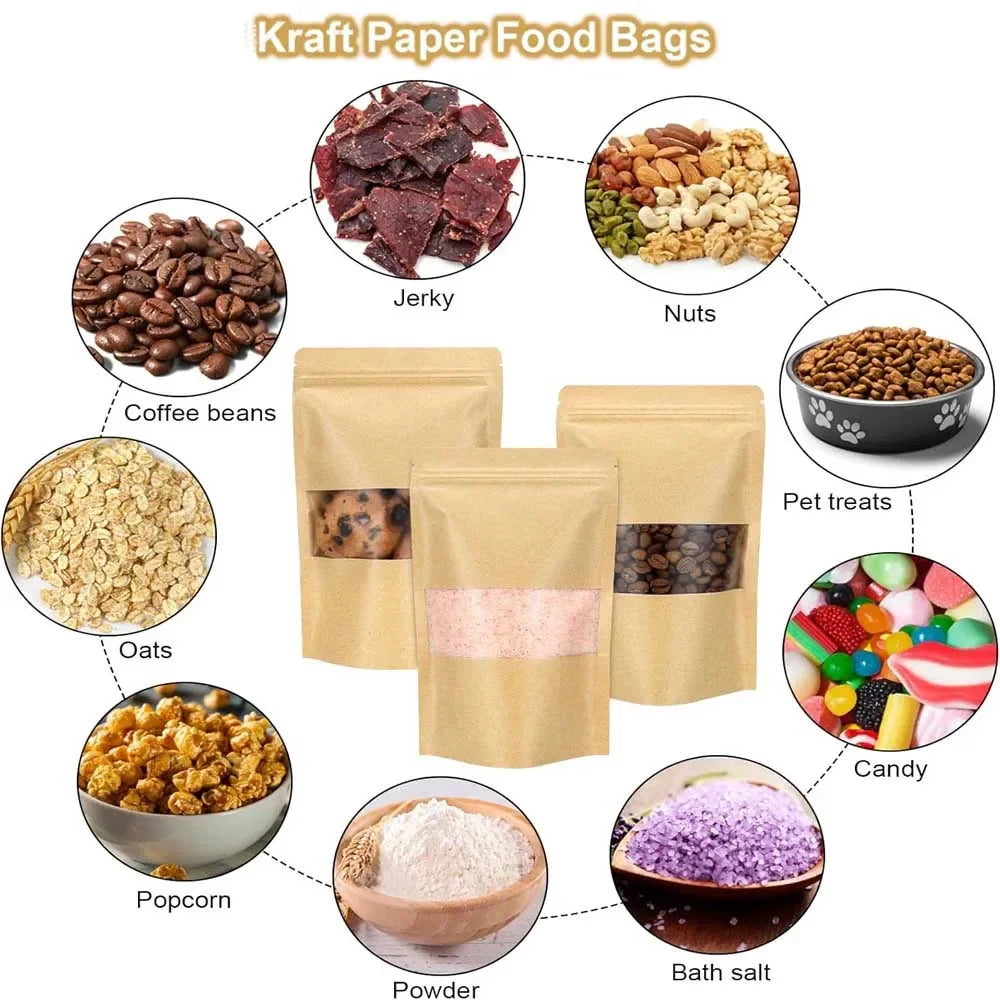 10-50pcs Customizable Logo Zipper Kraft Paper Window Bags for Biscuits Nuts Snacks Tea Packaging Seal Self-Sealing Bags