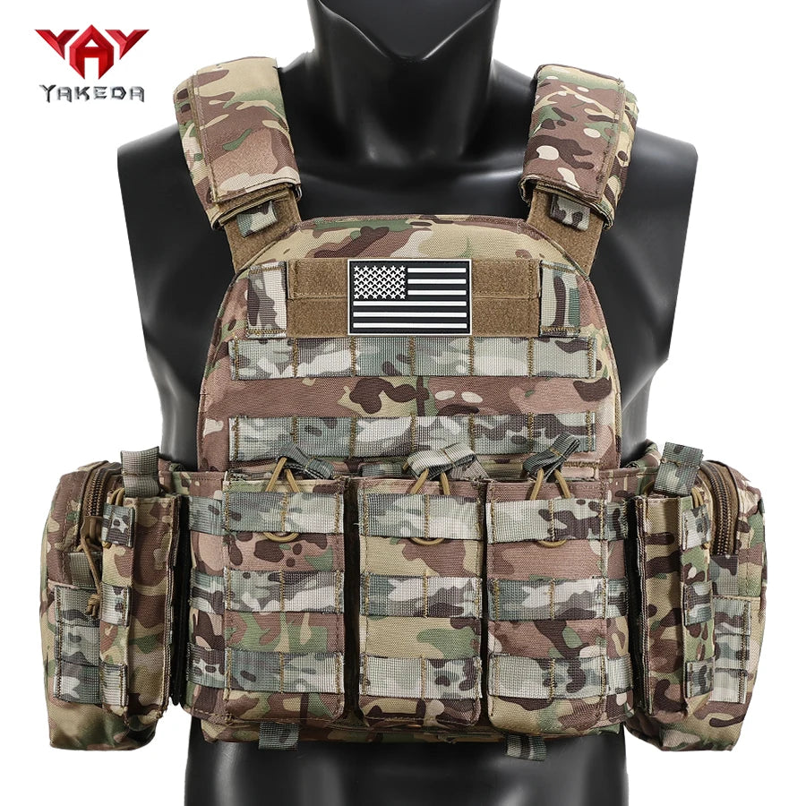YAKEDA The six piece hunting vest comes with a triple equipment bag and a large miscellaneous bag hanging from the back