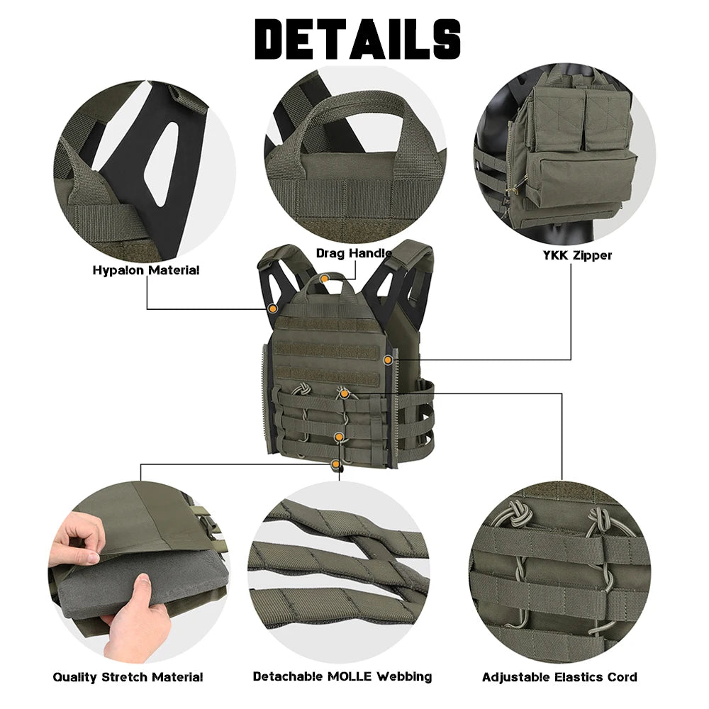 KRYDEX Tactical 500D JPC2.0 Vest Jumpable Body Armor Plate Carrier With Detachable Front Molle Panel For Airsoft Hunting Outdoor