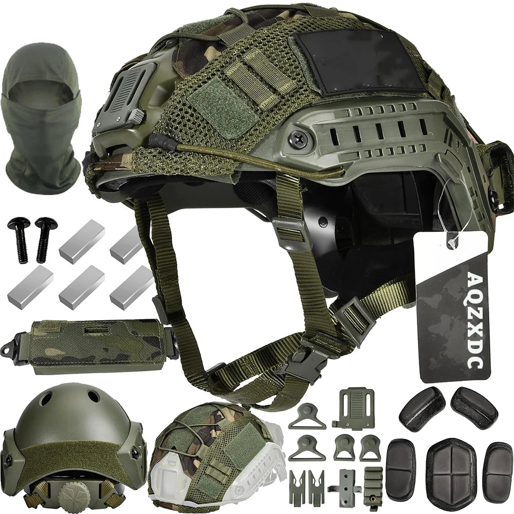 Tactical Airsoft Helmet Set FAST Protective Helmet with Helmet Cover Inner Pad Counterweight Pouch Mask for Hunting Role Playing