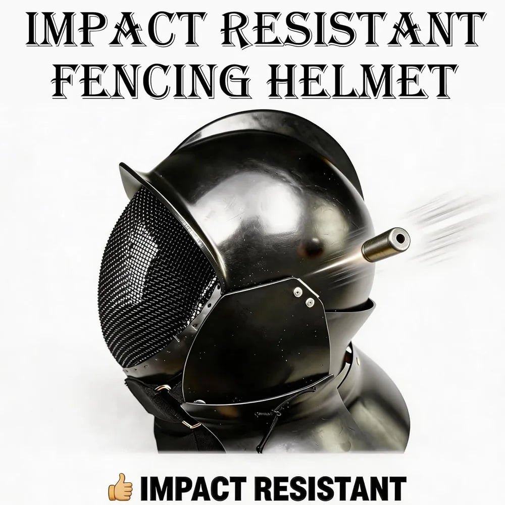 Tactical Fencing Helmet with Steel Wire Mesh Visor Adjustable Neck Protection for Medieval Combat Training SCA Reenactment