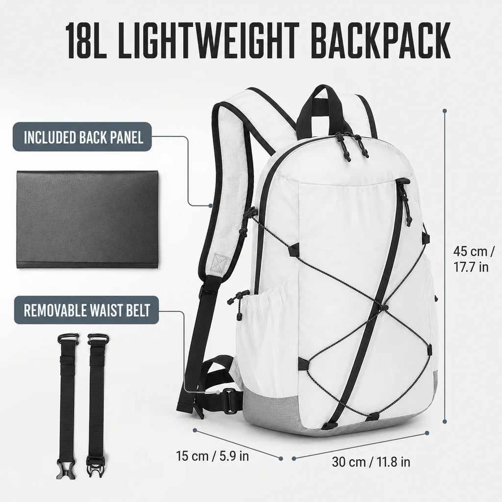 Ultralight Hiking Backpack 18L Sailcloth Fabric FIBERMAX44 Waterproof Anti-tear Trek Rucksack for Camping Sports Travel Unisex
