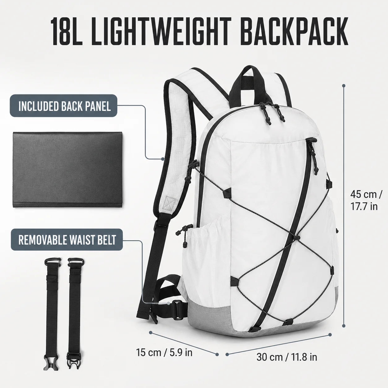 Ultralight Hiking Backpack 18L Sailcloth Fabric FIBERMAX44 Waterproof Anti-tear Trek Rucksack for Camping Sports Travel Unisex