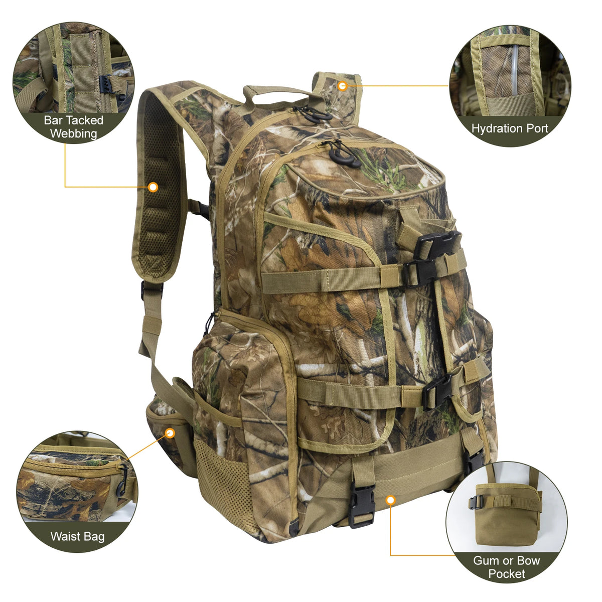 WESTTUNE Hunting Backpack Outdoor Hunting Pack with Rifle Holder Waterproof Camping Strategic Backpack for Bow Gun Carry System