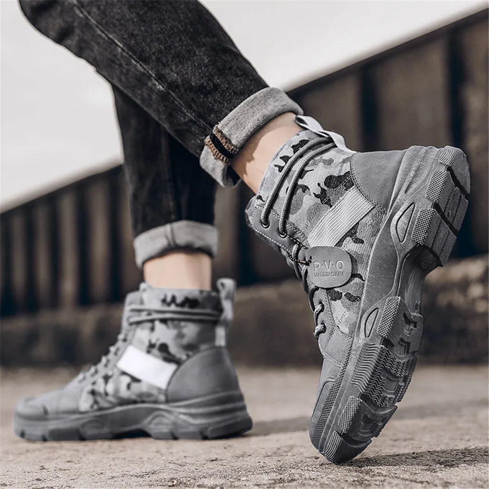 Men's canvas boots autumn winter new plus velvet high-top warm casual boots outdoor boots camouflage tooling boots desert boots