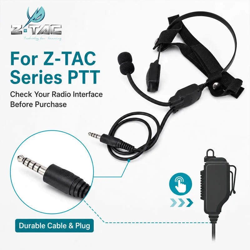Z-TAC MH180-V Bone Conduction Speaker Earphone for Z136 PTT Outdoor Sports Radio Headset Communication Accessories PTT Cable Kit