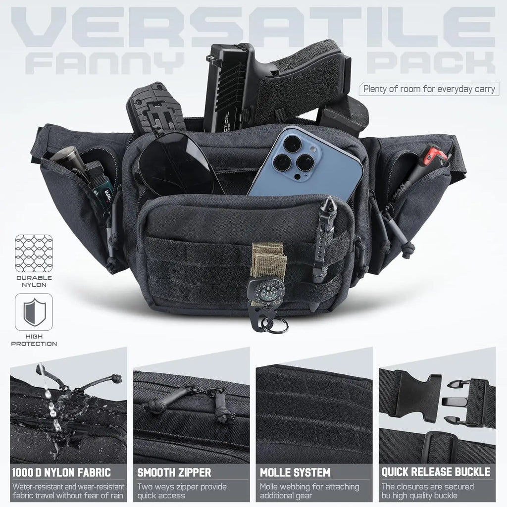 Tactical Fanny Pack Gun Holster Concealed Carry Pistol Waist Bag Molle EDC Pouch for Running Hiking Cycling Camping Outdoor Bag