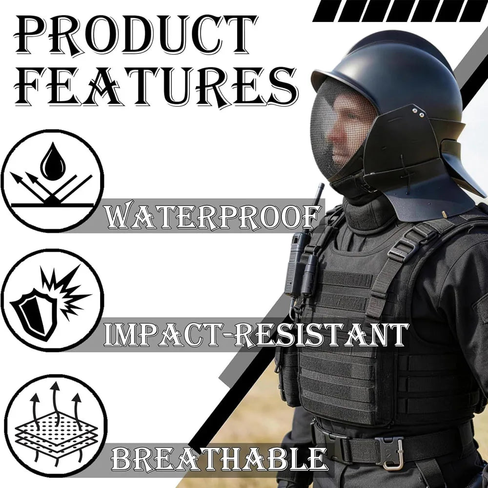 Tactical Fencing Helmet with Steel Wire Mesh Visor Adjustable Neck Protection for Medieval Combat Training SCA Reenactment