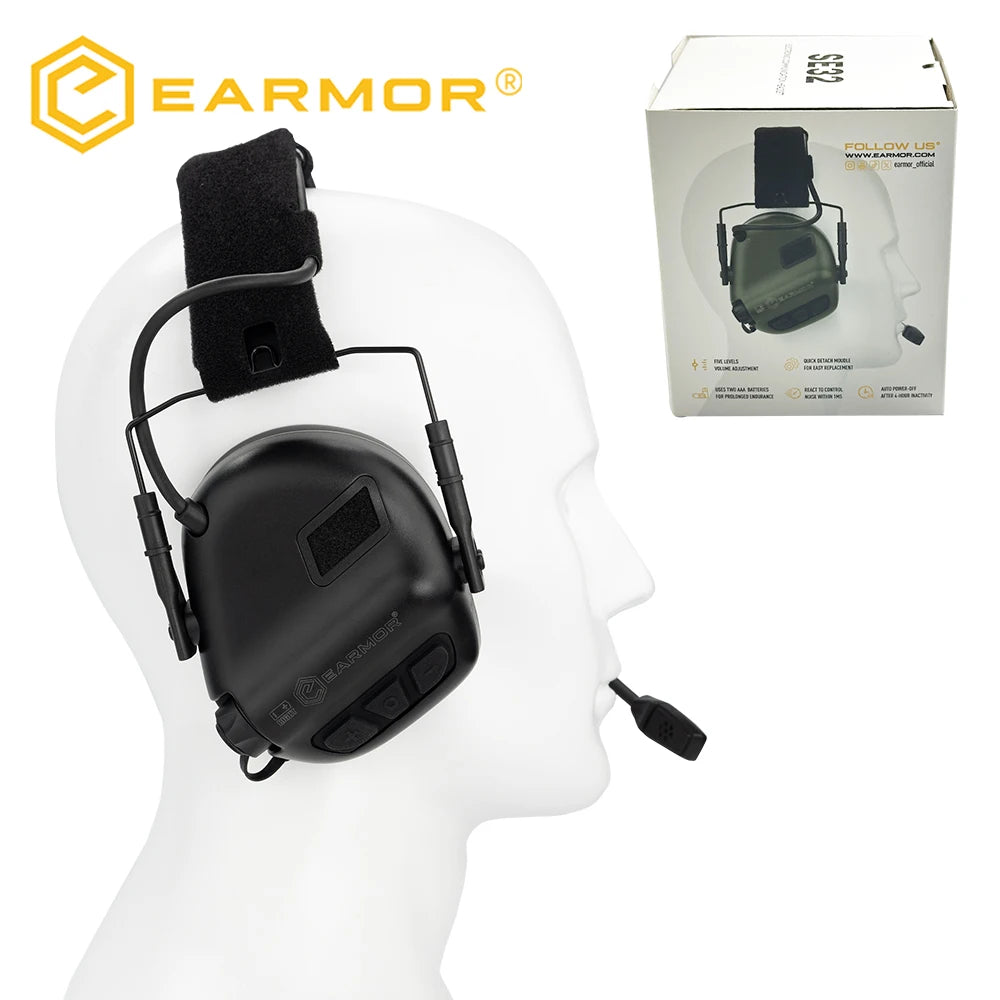 EARMOR M32 SE Shooting Earmuffs Tactical Noise Reduction Headset with Helmet ARC Rail Adapter with Kenwood PTT Adapter New
