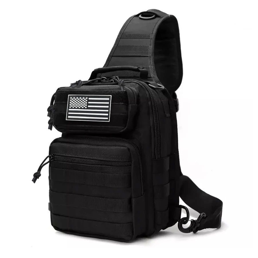 Large shoulder bag with adjustable shoulder strap and MOLLE extended webbing, multi compartment layered outdoor chest bag