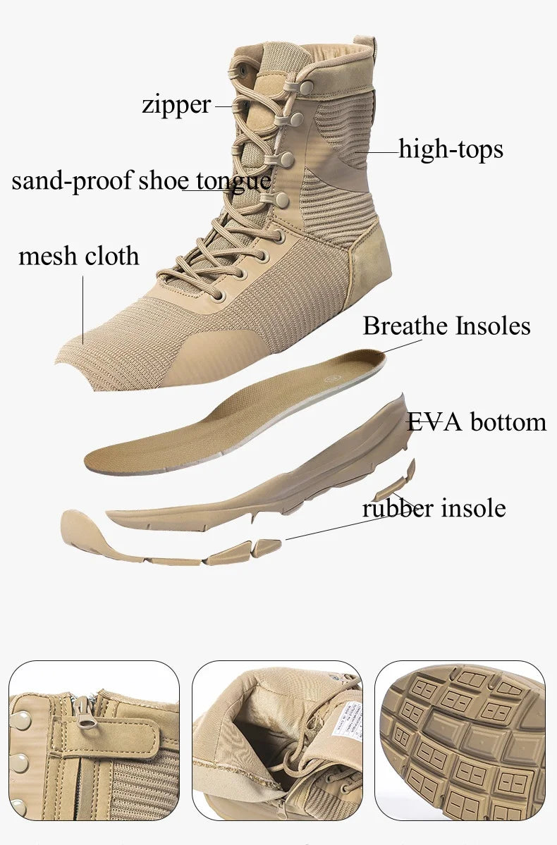 Summer Outdoor Desert Tactical Combat Boots Mesh Lightweight Breathable Zipper Work Shoes Men's Training Hiking Shoes WJ252