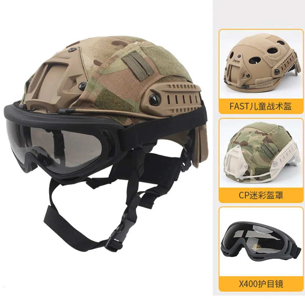 Kids FAST Helmet Set Adjustable Airsoft Helmet with Goggles Night Vision Model Flashlight for Outdoor Game Cosplay Role-Play