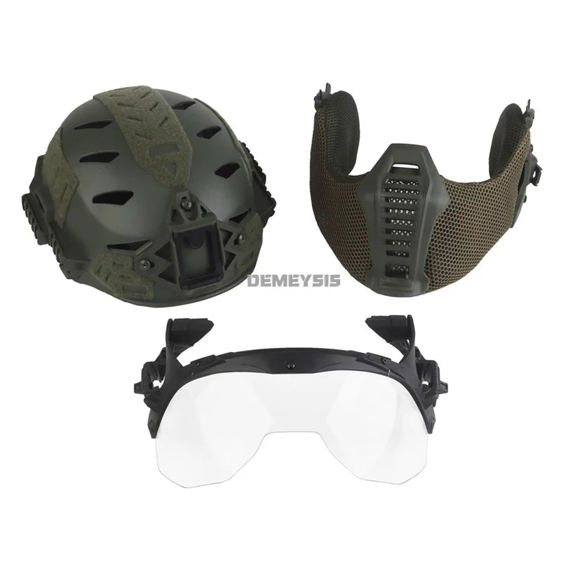 Modular Tactical Full Covered Helmet with Face Mask Mouthguard/Flip Goggles/Ear Cover Hunting Airsoft Paintball 3.0 Wendy Helmet