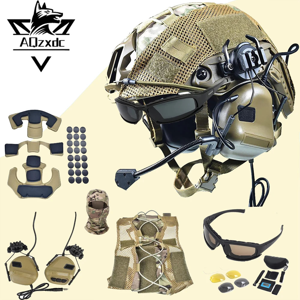 Tactical Airsoft Fast Helmet Set with Headset Helmet Cover Foam Protective Pad Goggles Outdoor Riding Protective Helmet Gear