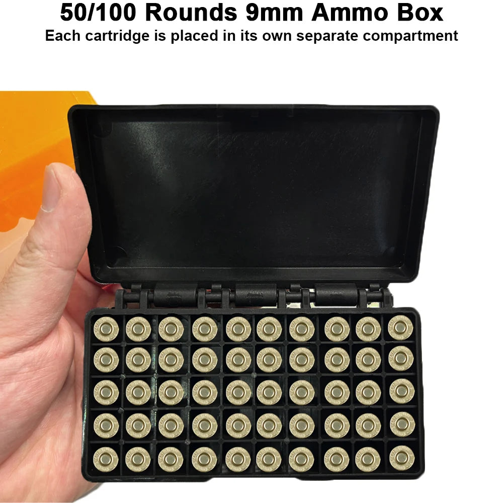 50/100 Rounds Bullet Box Gun Cartridge Shell Holder Portable Ammunition Box Flip-Top for 9mm .223 .38 Ammo Hunting Accessories