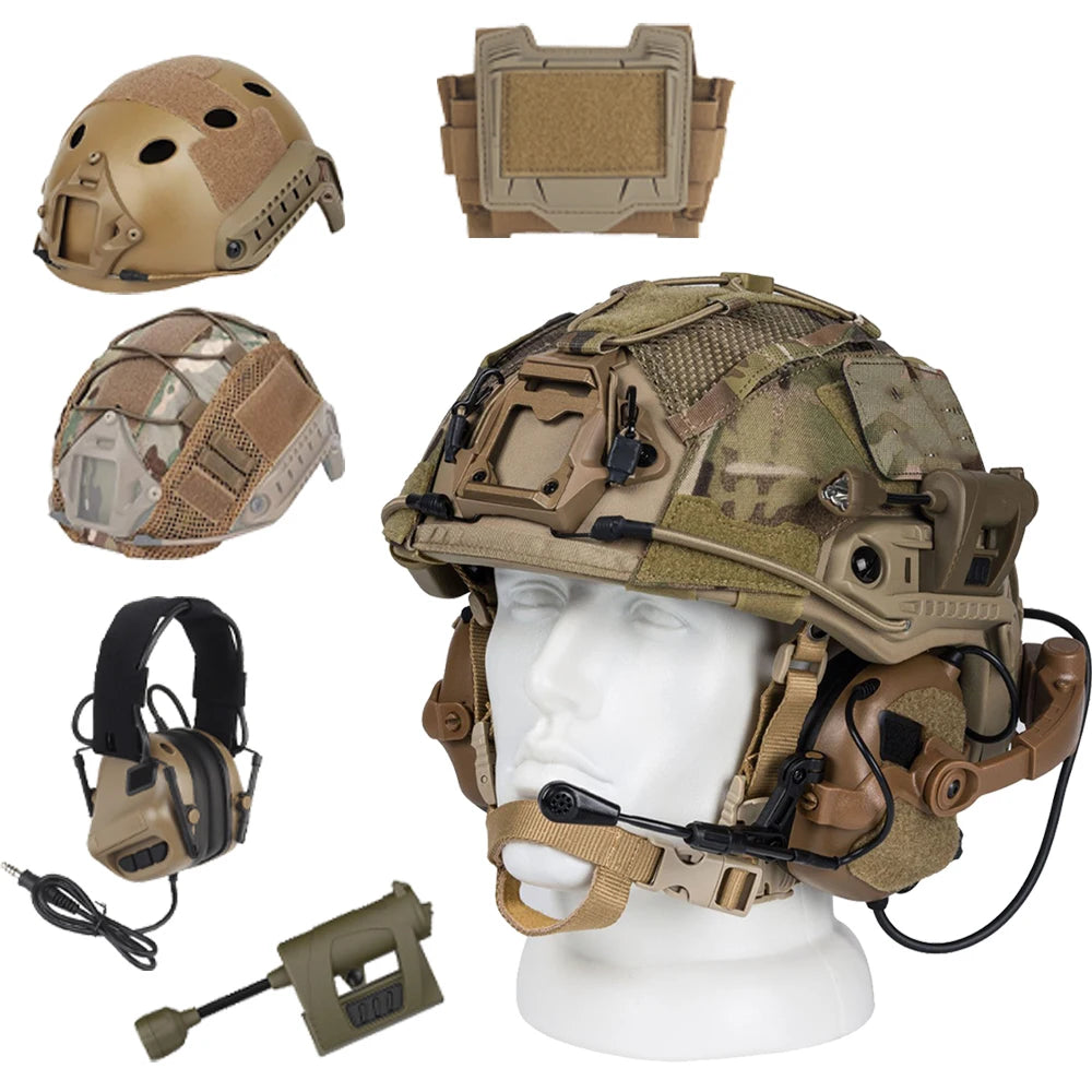 Tactical Airsoft Helmet Set FAST Protective Helmet with Headphones Helmet Light Battery Pack for CS Wild Shooting Role Playing