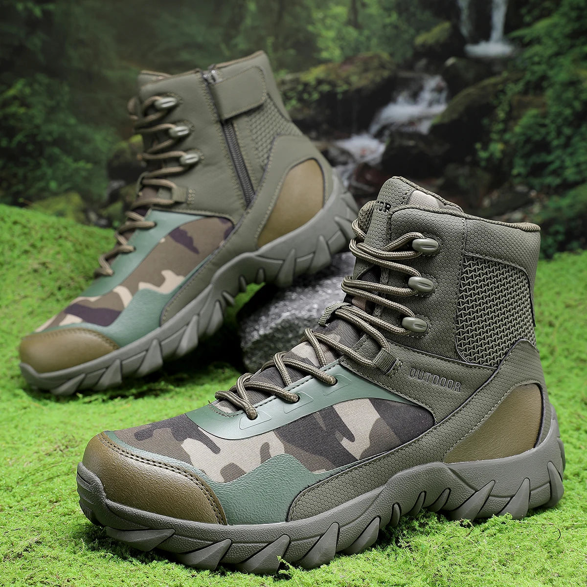 Outdoor tactical boots, camping and hiking boots, high-top military-style training boots, hunting boots.