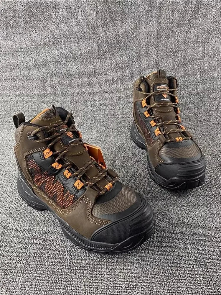 Men Outdoor Sneakers Spliced Cow Leather High Top Hiking Shoes Anti Skid Platform Waterproof Camping Shoes Sports Trekking Shoes