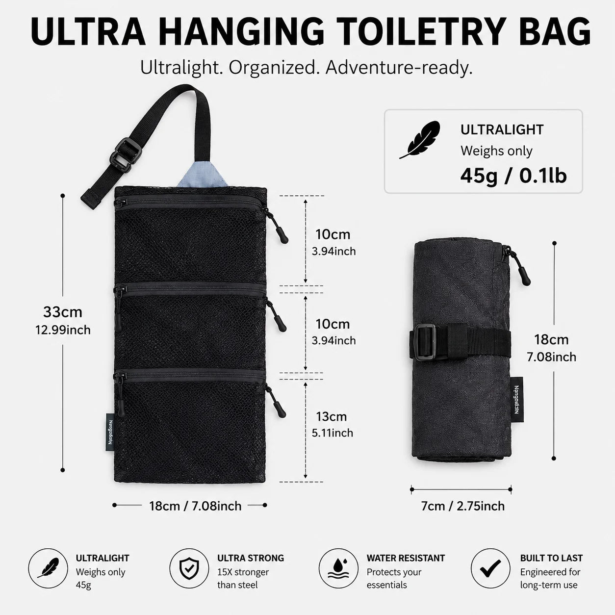 Dyneema Ultralight Hanging Toiletry Bag UHMWPE - 45g, 3-Compartment Waterproof Wash Organizer Storage Bag for Travel & Outdoor