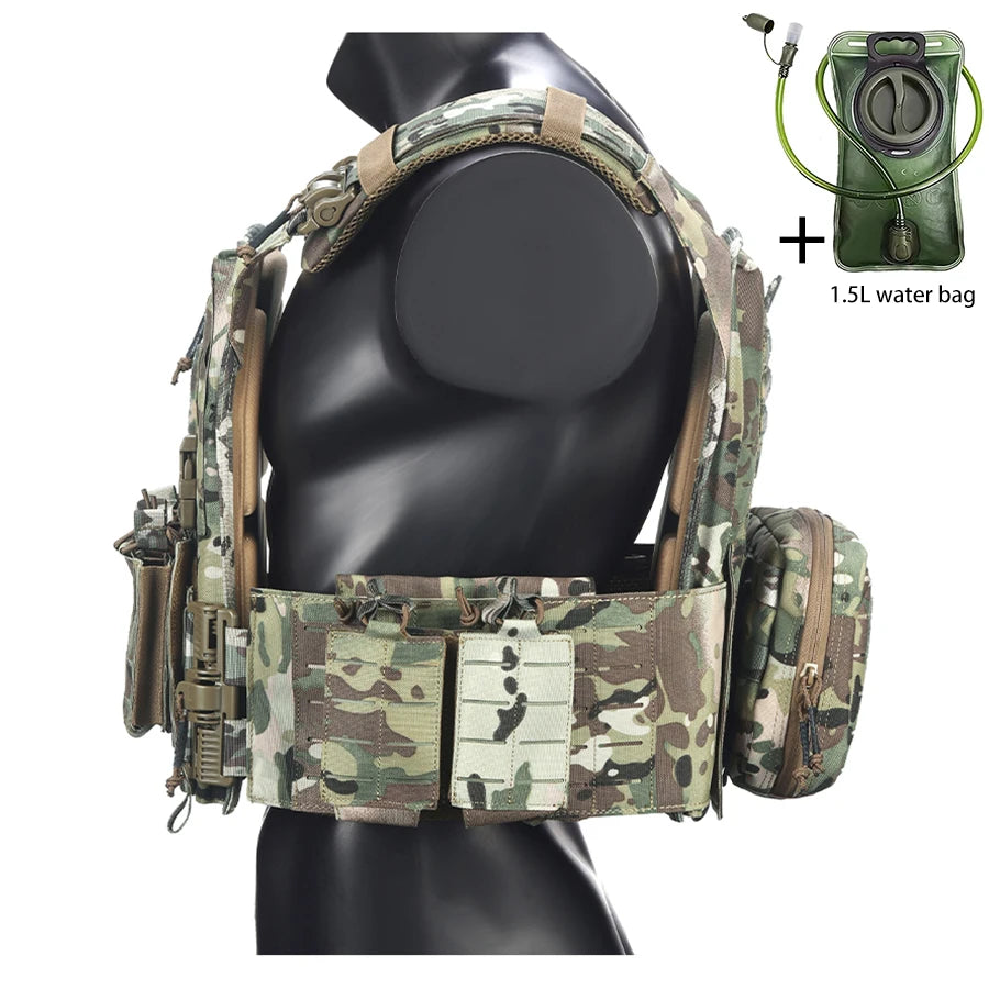 Outdoor camouflage vest with modular pockets and 1.5-liter water bag, suitable for hiking and exploration