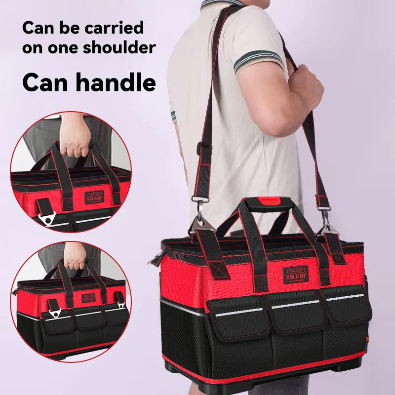 A Red Electrician'S Tool Bag Available in 17-Inch, 19-Inch, And 23-Inch Sizes, Featuring a Square Pocket Made of Thick Canvas And Oxford Cloth, Designed for Maintenance Tool