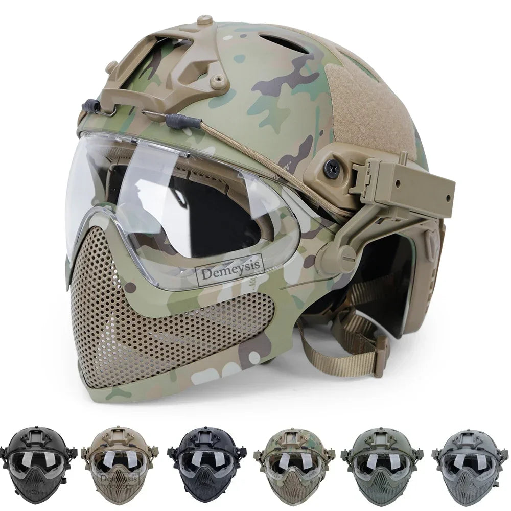 Tactical Helmet + Mask + Goggle Sets Outdoor Airsoft Paintball Helmet with Goggles FAST PJ Helmets CS Game Full Face Cover