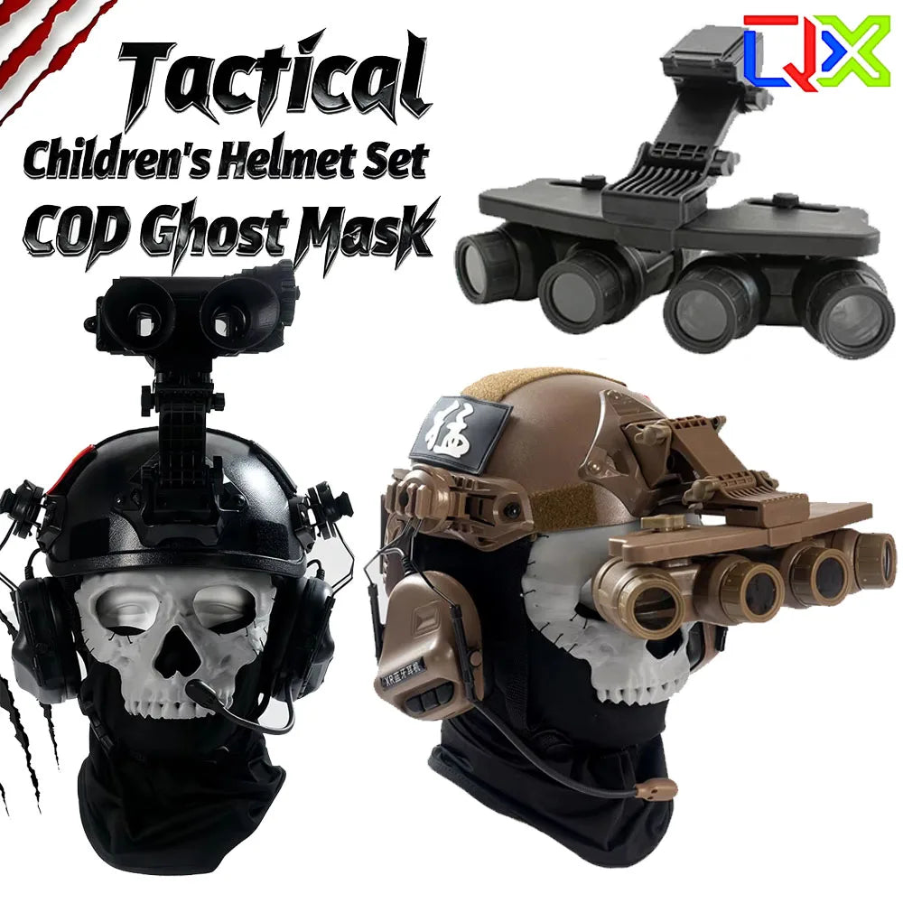 QX Tactical Kids Airsoft Helmet Set with Ghost Full Face Mask NVG Model Headphones CS COD Cosplay