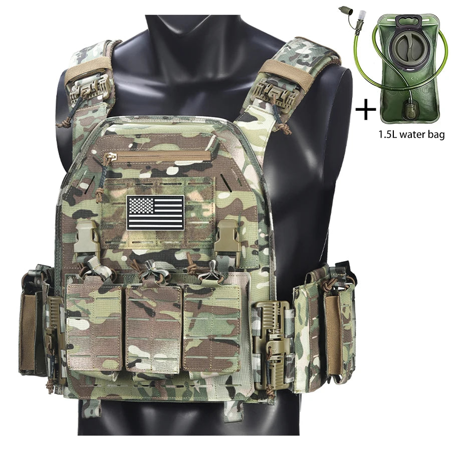 Outdoor camouflage vest with modular pockets and 1.5-liter water bag, suitable for hiking and exploration