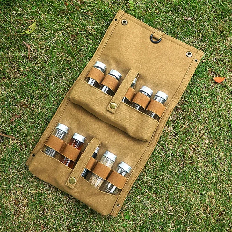 Portable Canvas Spice Storage Bag 10Pcs Seasoning Bottles Outdoor Camping BBQ Travel Condiment Container Organizer Kit