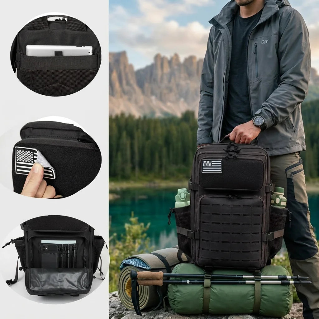 45L Large Capacity Tactical Hunting Backpack For Men With MOLLE Webbing System Dual Cup Holders Outdoor Survival Hiking Camping Rucksack For Wilderness Trip Travel Daily Work Commute Outdoor Camping Activities Gear Storage Backpack