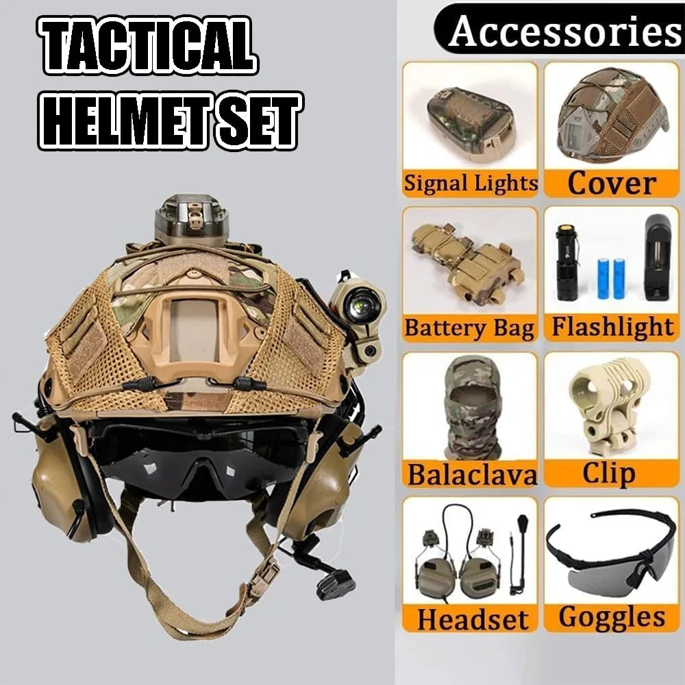 Airsoft Paintball Tactical Helmet Set PJ Type Fast Lightweight Protective Helmet with Airsoft Headset & Signal Flashlight Goggle