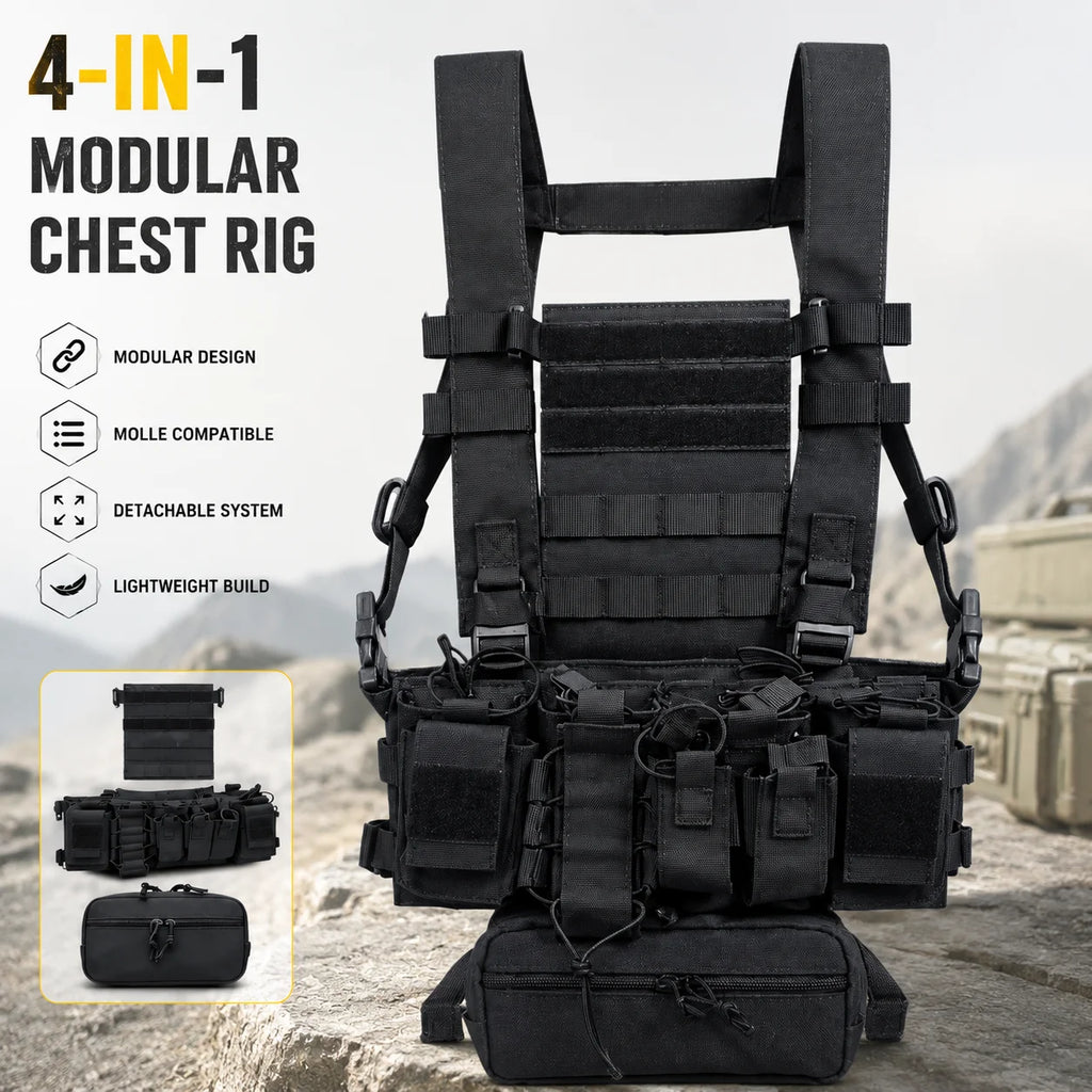 Tactical Chest Rig Vest with Detachable Pouches MOLLE System Adjustable Straps Large Capacity Gear Bag Outdoor Hunting Adventure