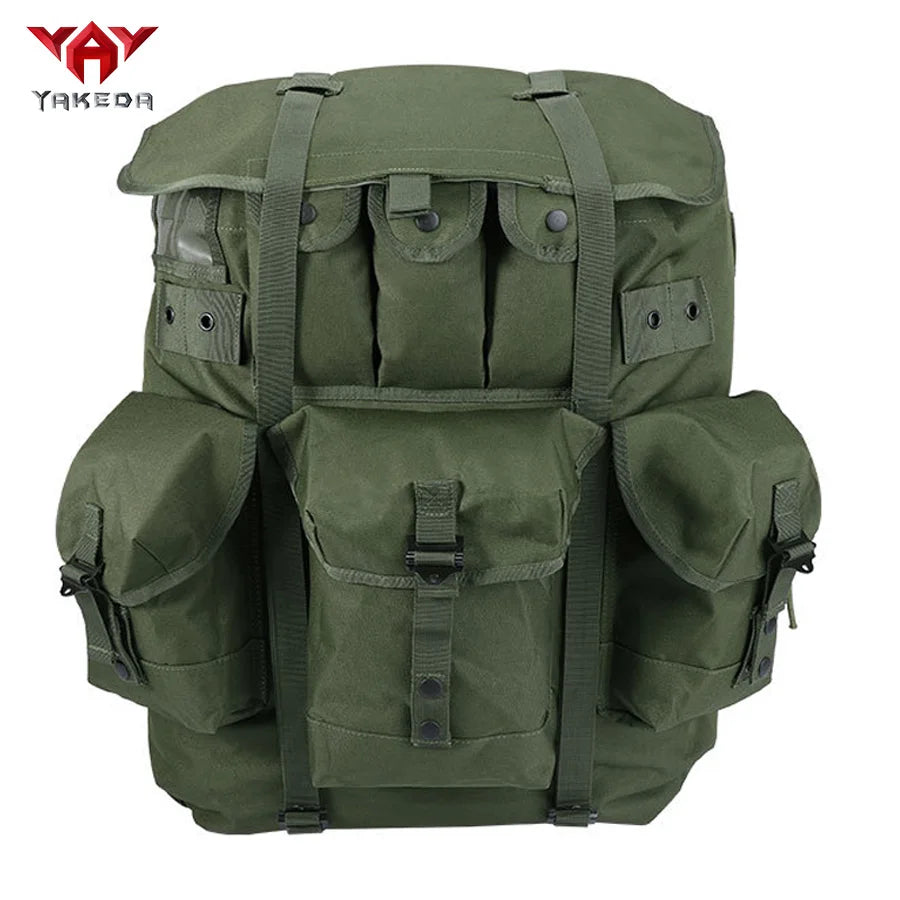 Hot selling iron frame olive green backpack for mountaineering, large capacity camping supplies backpack