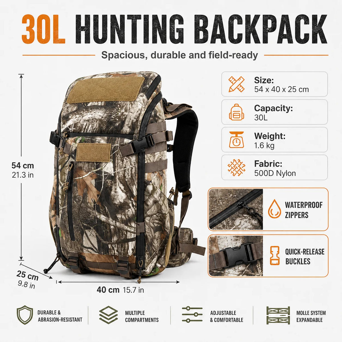 30L Hunting Backpack Camo Waterproof Hiking Pack MOLLE Outdoor Camping Trekking Bag