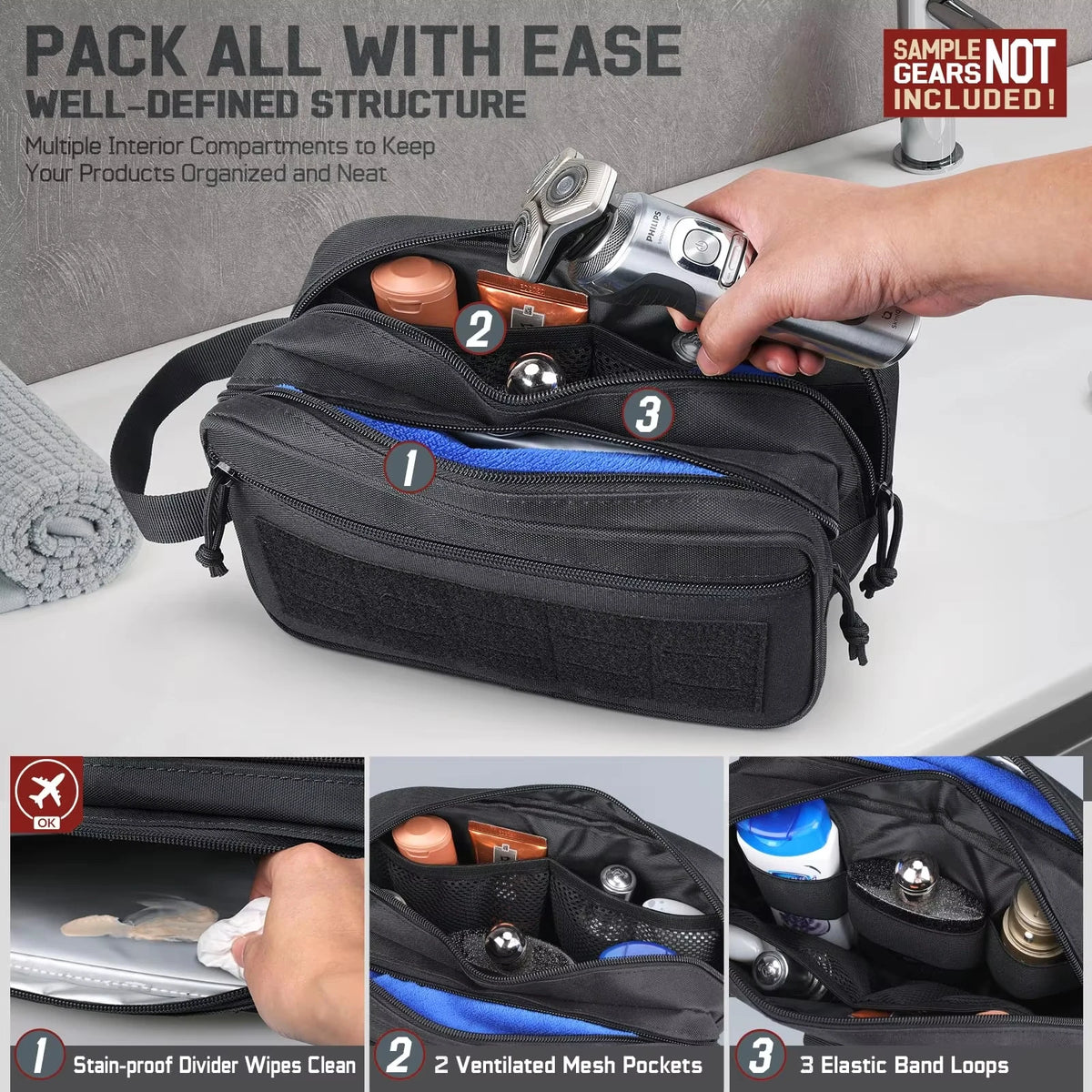 Men's Multifunctional Tactical Toiletry Bag Portable Travel Hygiene Shower EDC Utility Soft Pouch Waterproof Shaving Kit Organis
