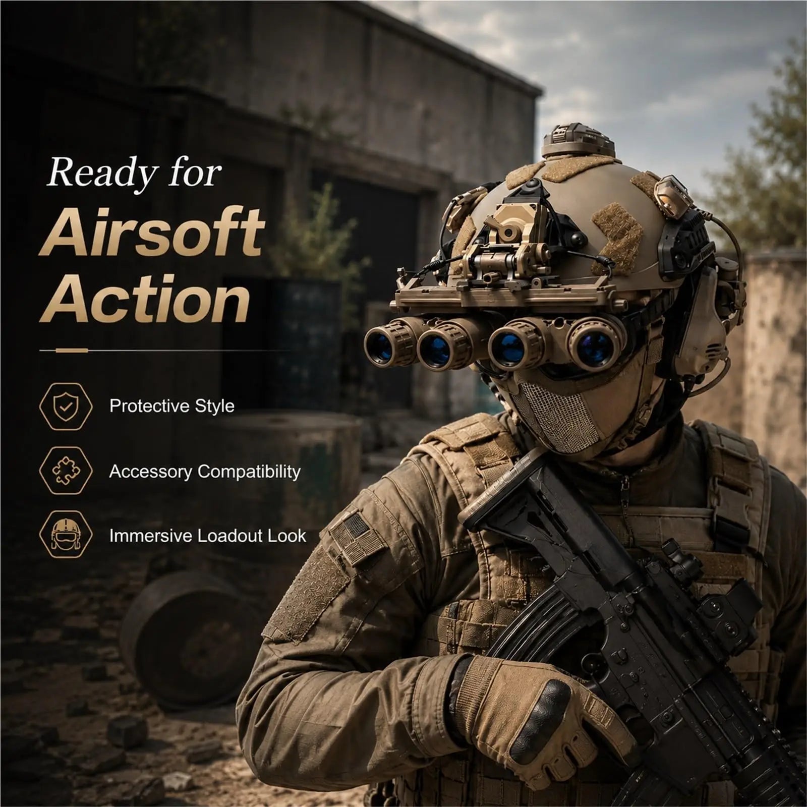 Tactical Helmet Set with Quad Dummy NVG Goggles Comms Headset Signal Light Airsoft Helmet Gear for Cosplay Paintball Training