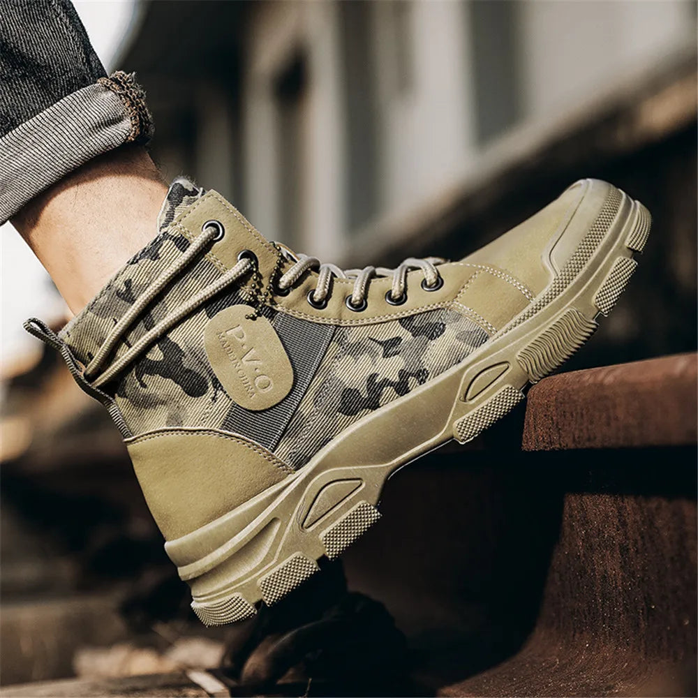 Men's canvas boots autumn winter new plus velvet high-top warm casual boots outdoor boots camouflage tooling boots desert boots