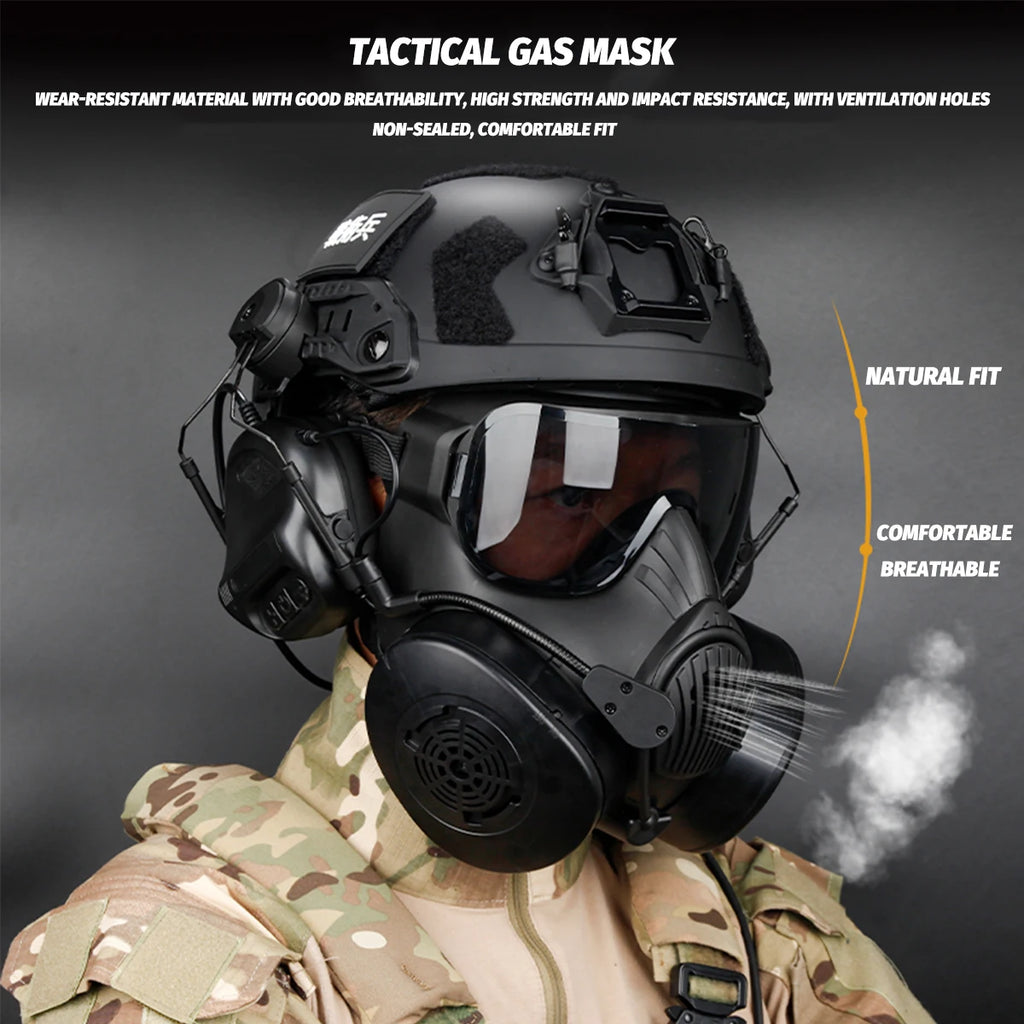 M50 Gas Mask Set with SF Ultra-High-Cut Airsoft Helmet Night Vision Goggles Model Signal Light Tactical Headset for CS Wargame