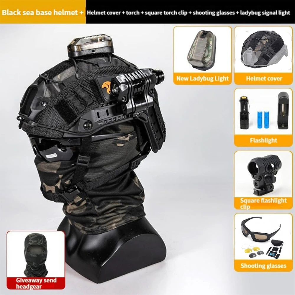 Tactical Fast Helmet Set Airsoft Paintball Protective Equipment with Visor NVG Model Flashlight Earphone for CS Hunting Shooting